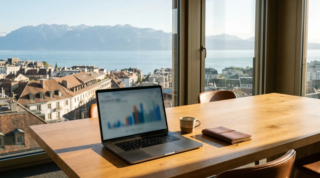 Table de travail en chêne avec un ordinateur portable devant les toits de Lausanne, le Léman et les Alpes