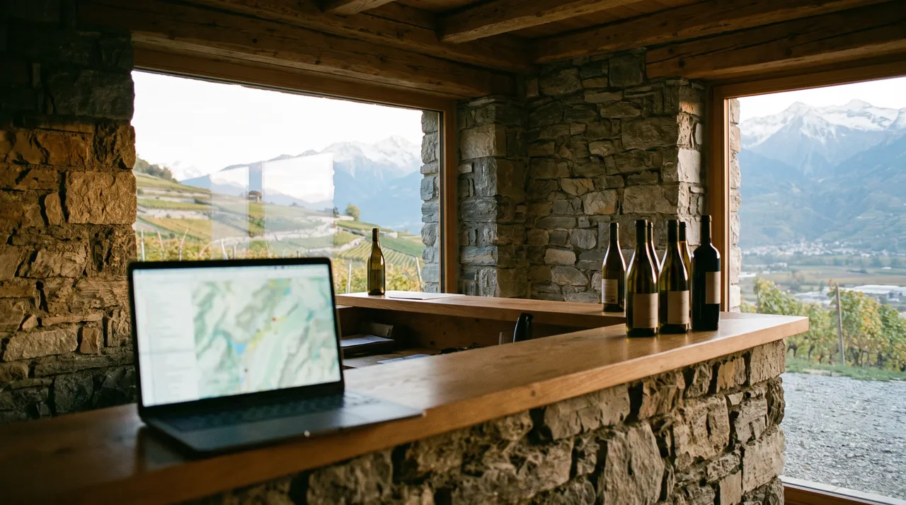 Comptoir en pierre d’une cave valaisanne avec un ordinateur portable, vignes en terrasses et sommets enneigés par la baie vitrée
