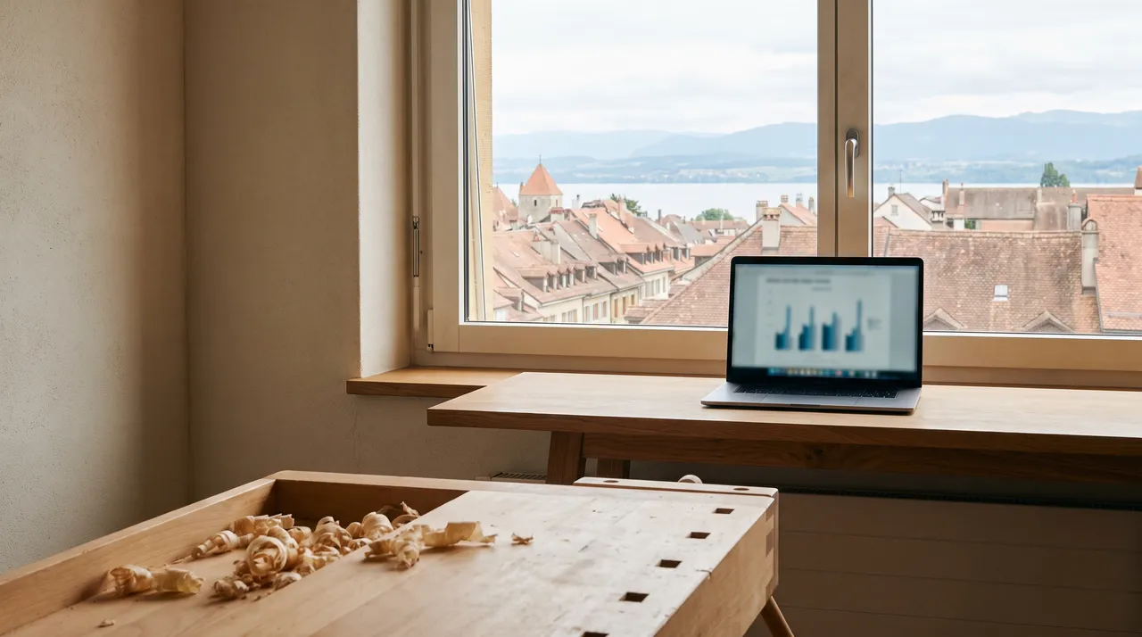 Établi de menuiserie et ordinateur portable devant une fenêtre sur les toits d’Yverdon-les-Bains, le lac de Neuchâtel et le Jura