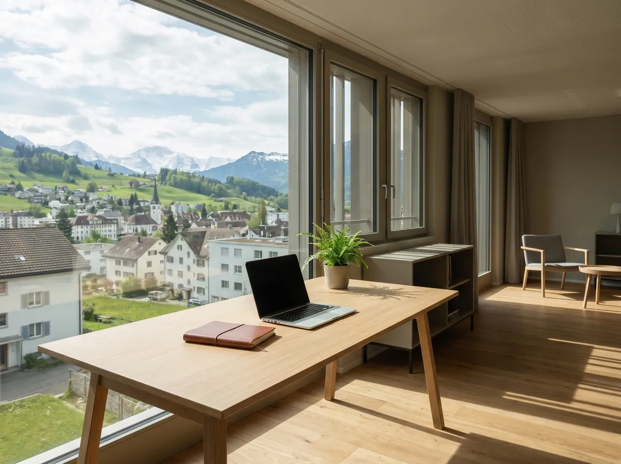 Bureau d'une PME en Suisse romande avec vue sur un village et les montagnes