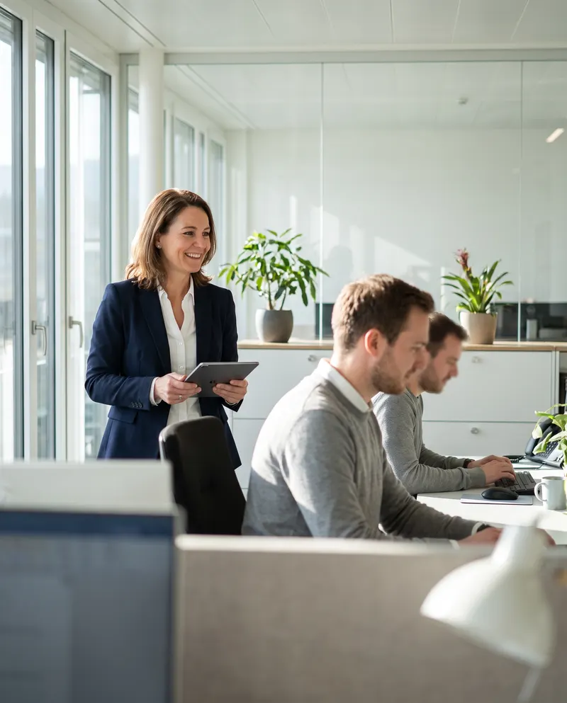 Une directrice des opérations sourit à son équipe dans un bureau lumineux