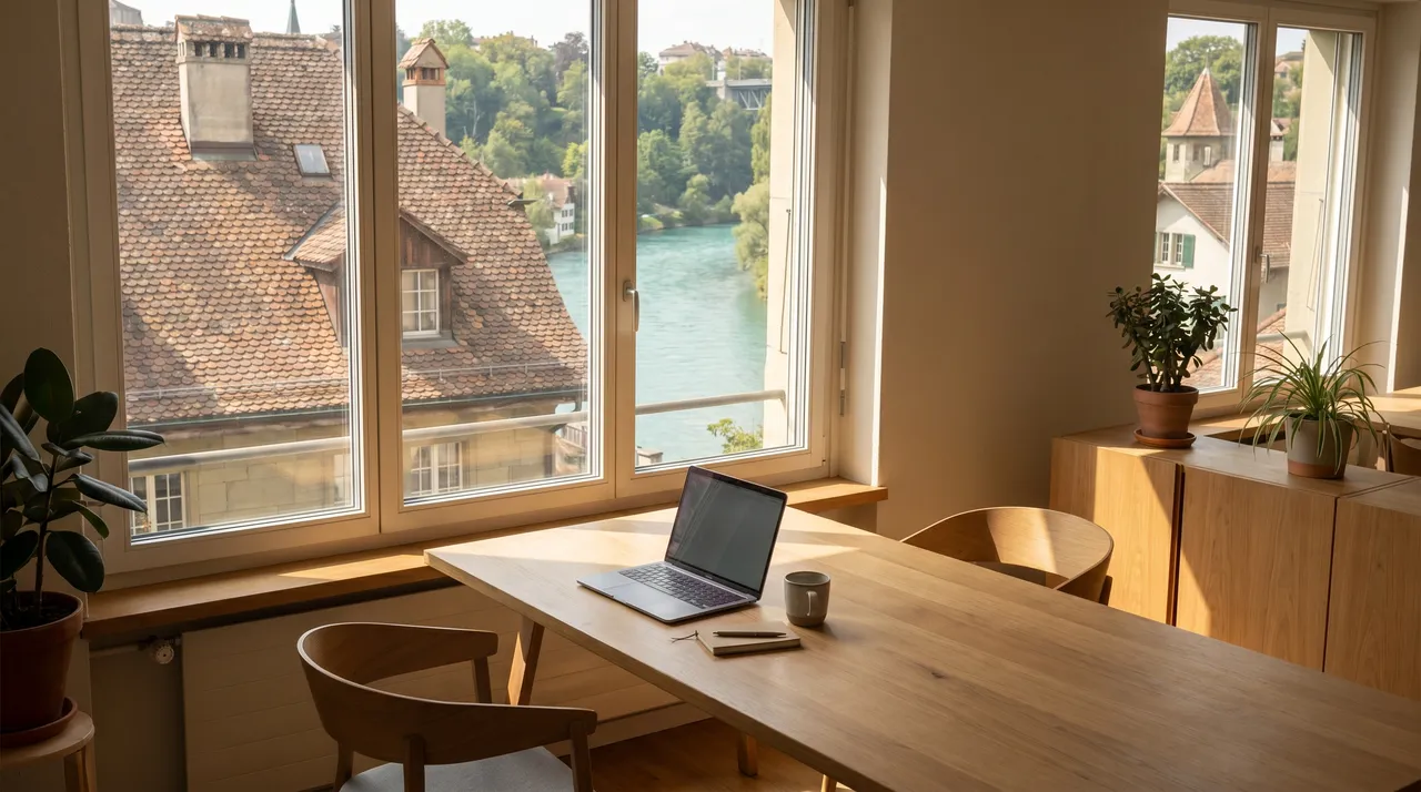 Bureau à Berne avec vue sur les toits de la vieille ville et la rivière Aar