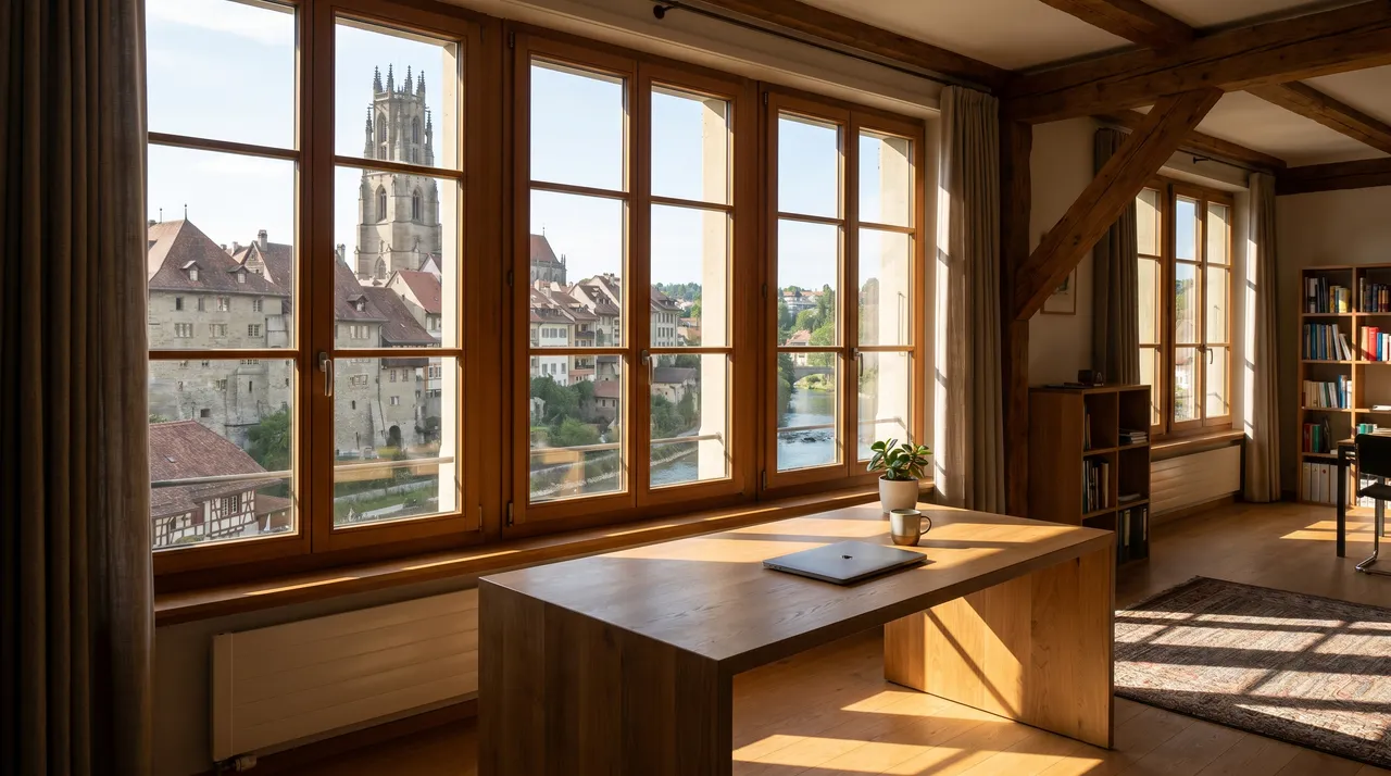 Bureau à Fribourg avec vue sur la vieille ville médiévale et la cathédrale Saint-Nicolas