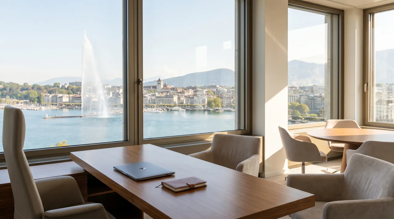Bureau à Genève avec vue sur le lac Léman et le Jet d'Eau