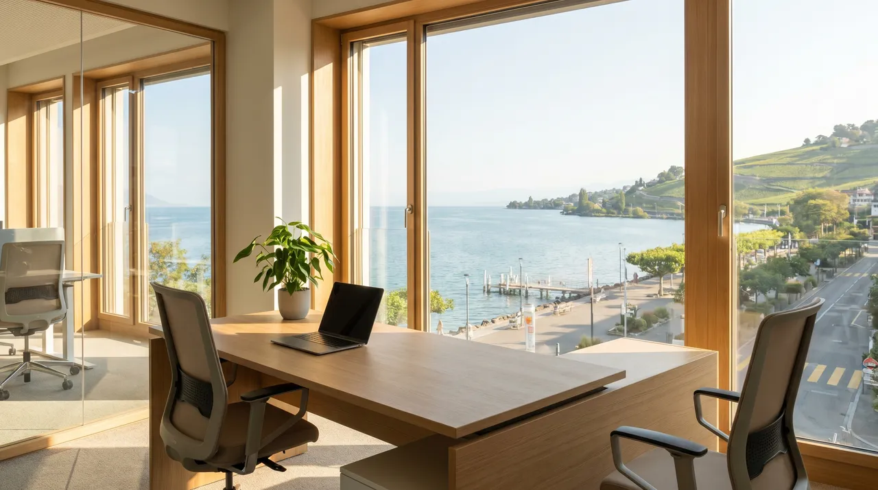 Bureau avec vue sur le lac Léman et la rive d'Ouchy à Lausanne