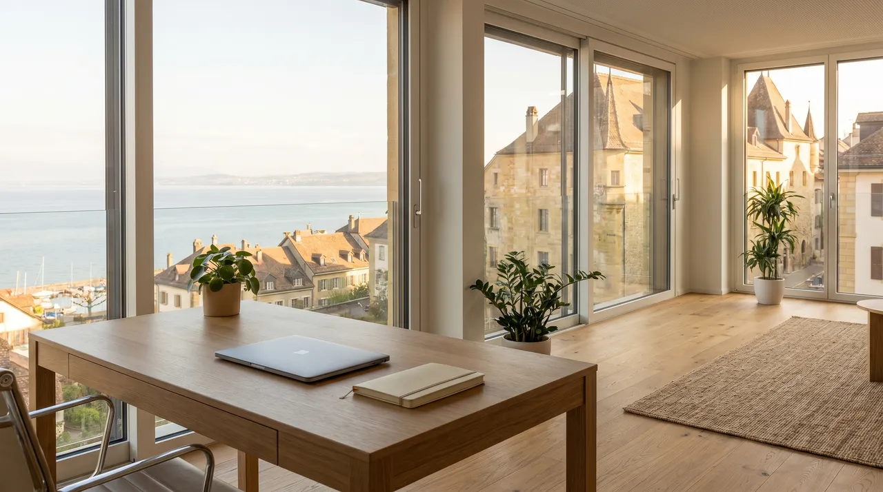 Bureau à Neuchâtel avec vue sur le lac et la vieille ville en pierre jaune
