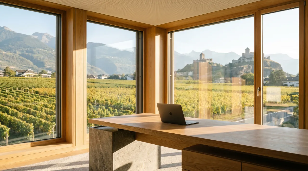 Bureau à Sion avec vue sur les vignes du Valais et les châteaux de Valère et Tourbillon