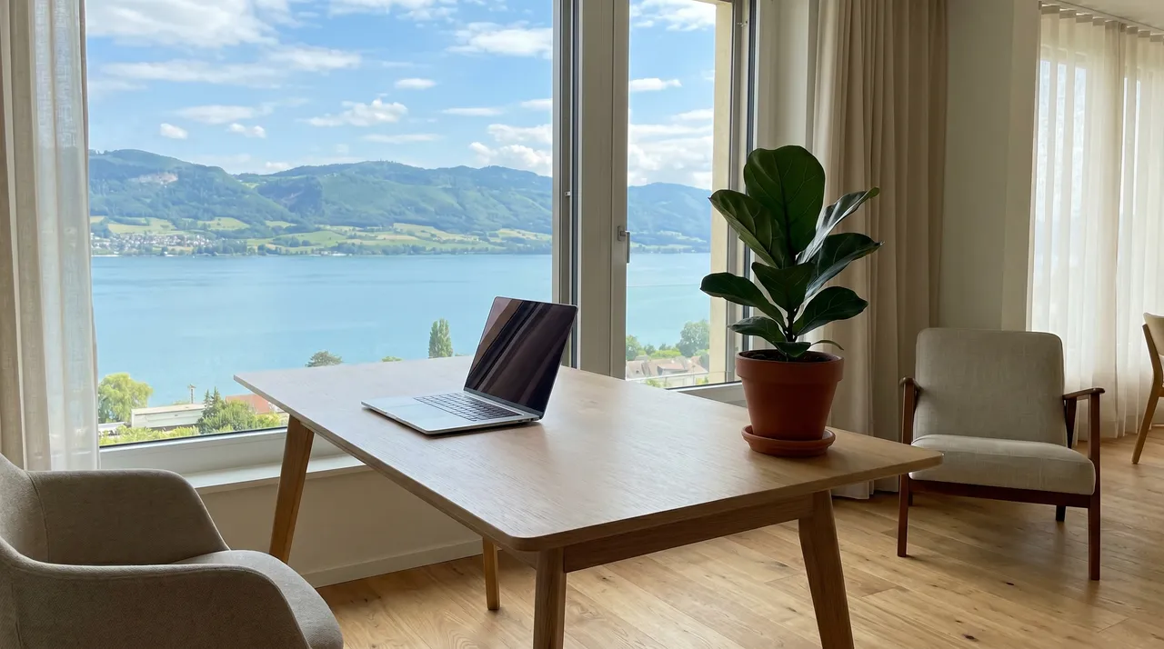 Bureau à Yverdon-les-Bains avec vue sur le lac de Neuchâtel et les contreforts du Jura