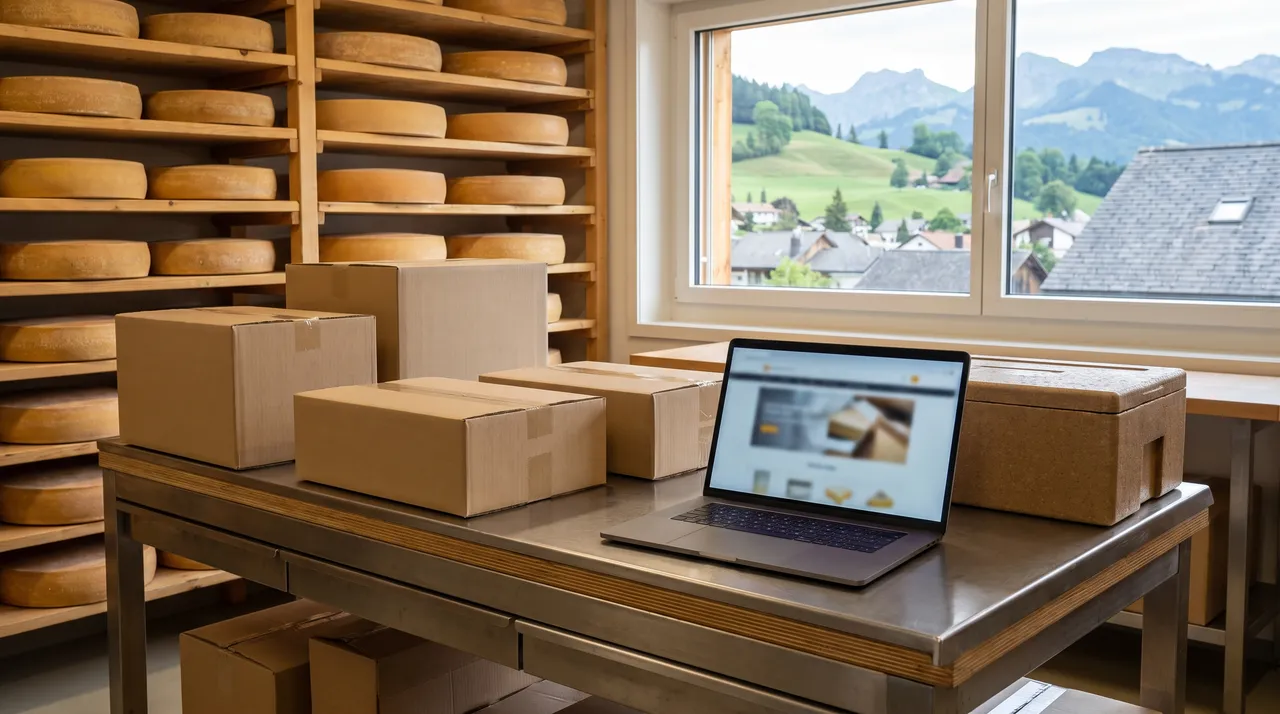 Espace d’expédition d’une fromagerie de la Gruyère, meules sur étagères, cartons et ordinateur portable, collines et Préalpes par la fenêtre