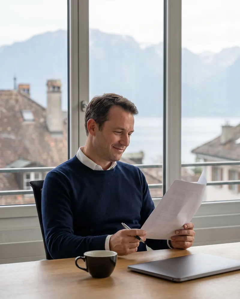 Un chef d'entreprise lit son bilan mensuel de publicité dans son bureau à Lausanne
