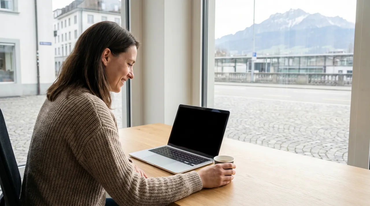 Employée d'une PME suisse sereine devant son ordinateur, libérée des tâches répétitives par l'automatisation IA