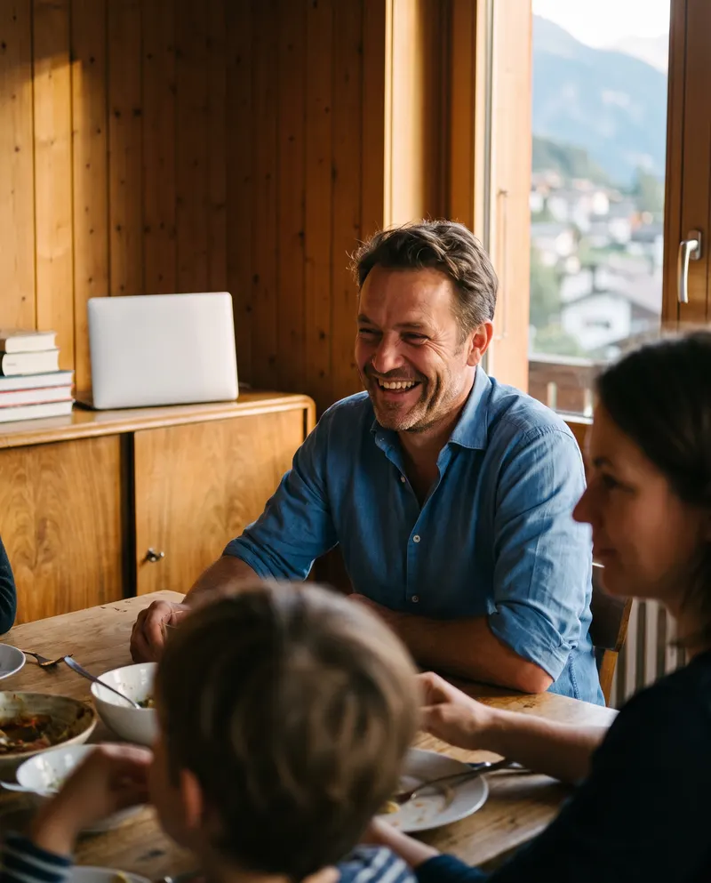 Un patron rit à table avec sa famille, son ordinateur fermé