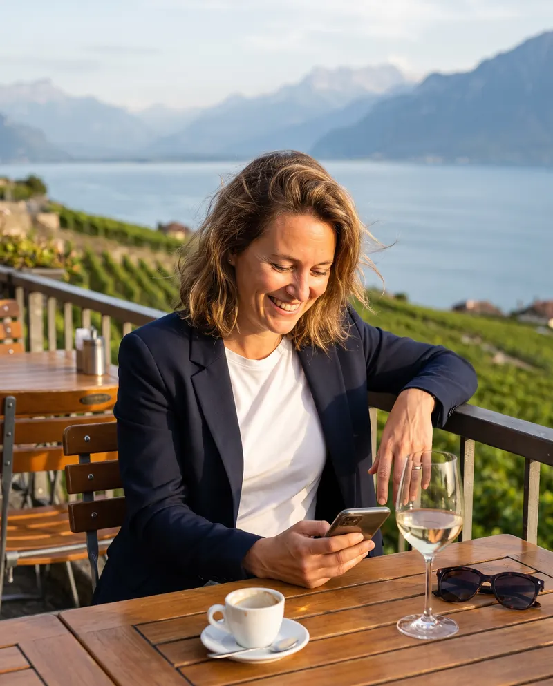 Une cheffe d'entreprise sourit en lisant son téléphone, en terrasse au-dessus des vignes de Lavaux