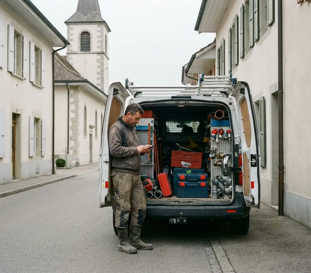 Installateur sanitaire devant sa camionnette d'atelier, dans une rue de village vaudois, consultant son téléphone entre deux interventions