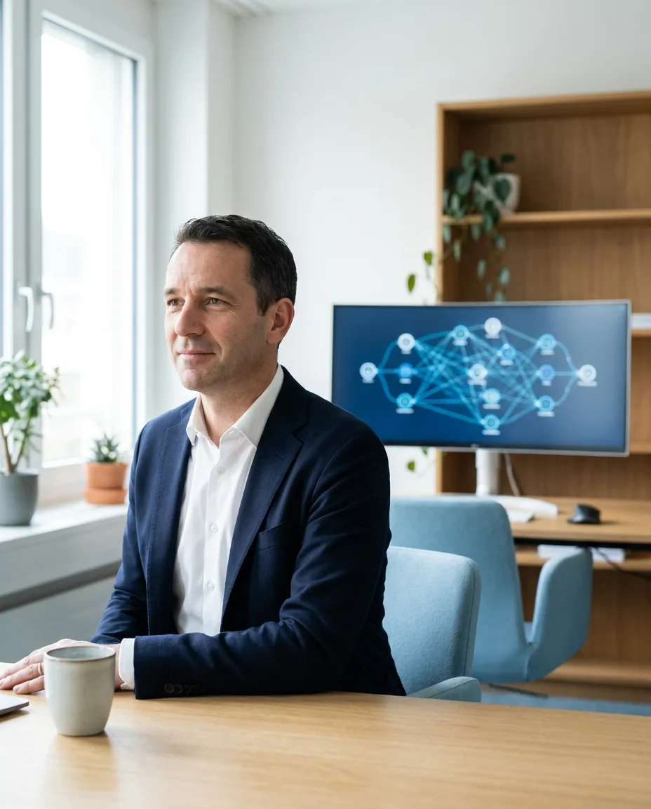 Dirigeant PME suisse au bureau, écran montrant un workflow d'automatisation en arrière-plan