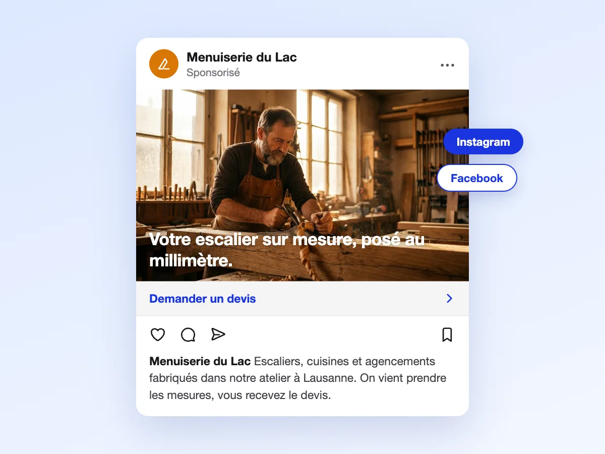 Publicité sponsorisée Instagram et Facebook d’un artisan menuisier, gérée par Webie