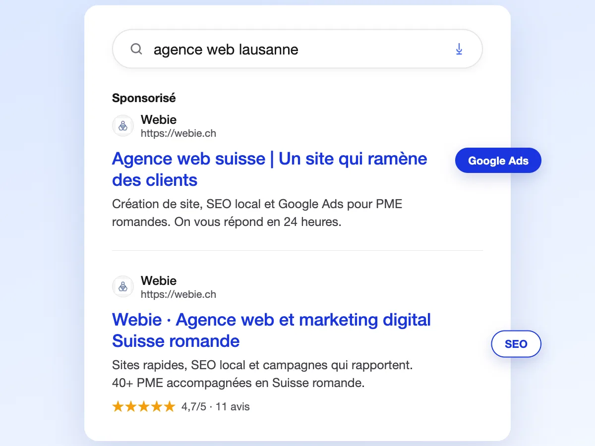 Résultats de recherche Google avec Webie en annonce sponsorisée et en résultat SEO
