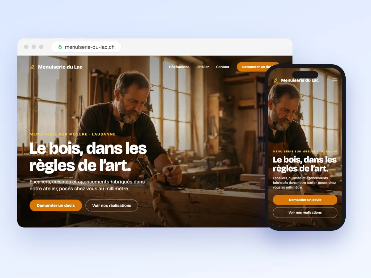 Mockup desktop et mobile d’un site web d’artisan menuisier créé par Webie