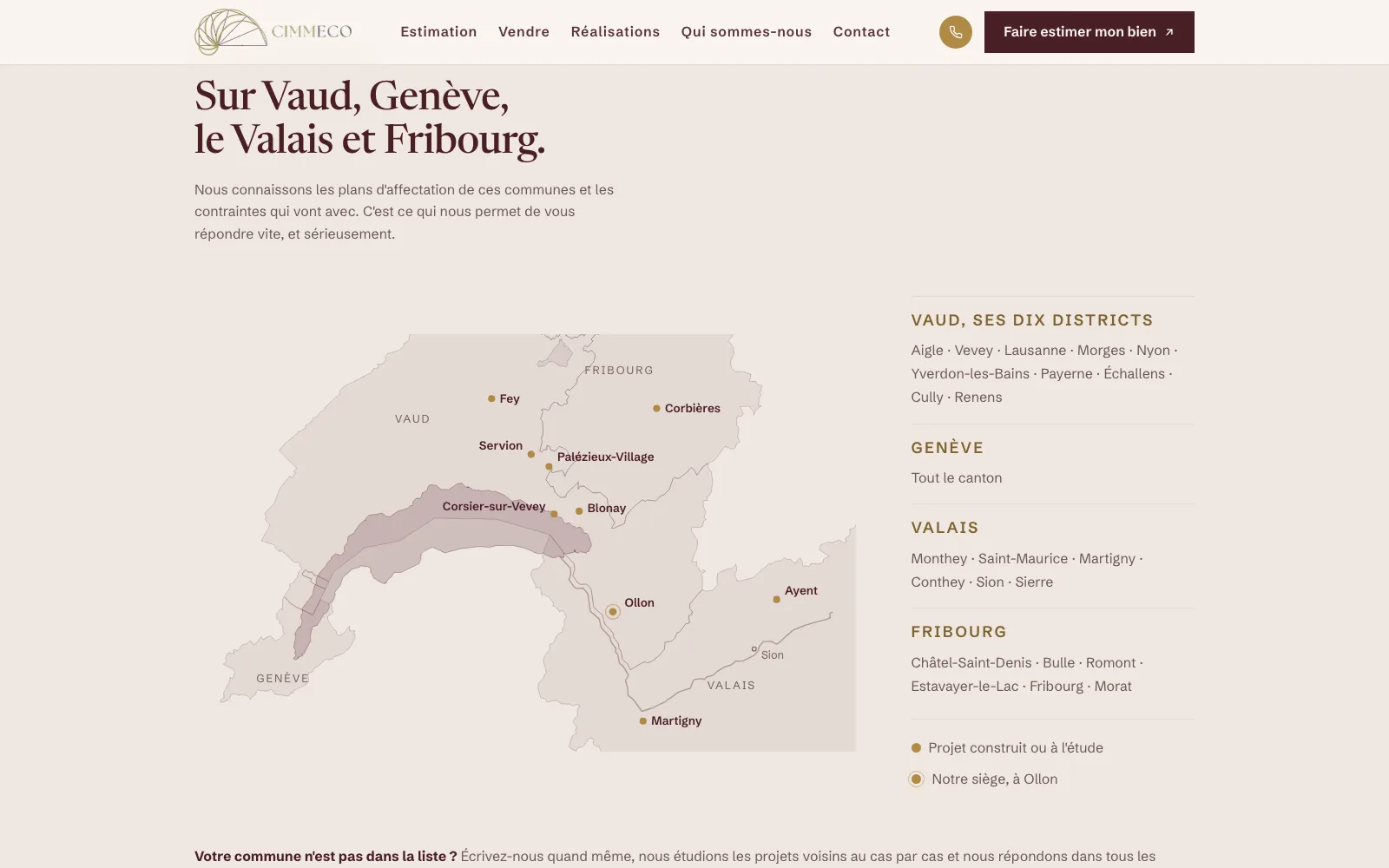 Carte de la Suisse romande sur cimmeco.ch avec les communes des projets et le siège à Ollon
