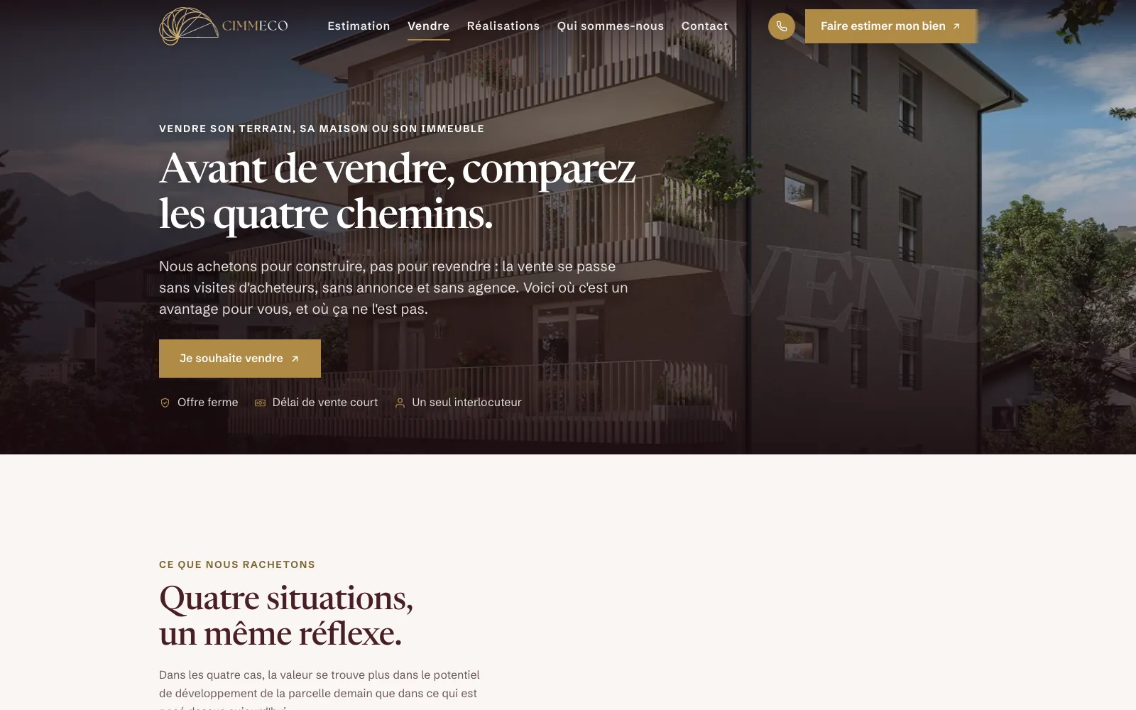 Page Vendre de cimmeco.ch : « Avant de vendre, comparez les quatre chemins »