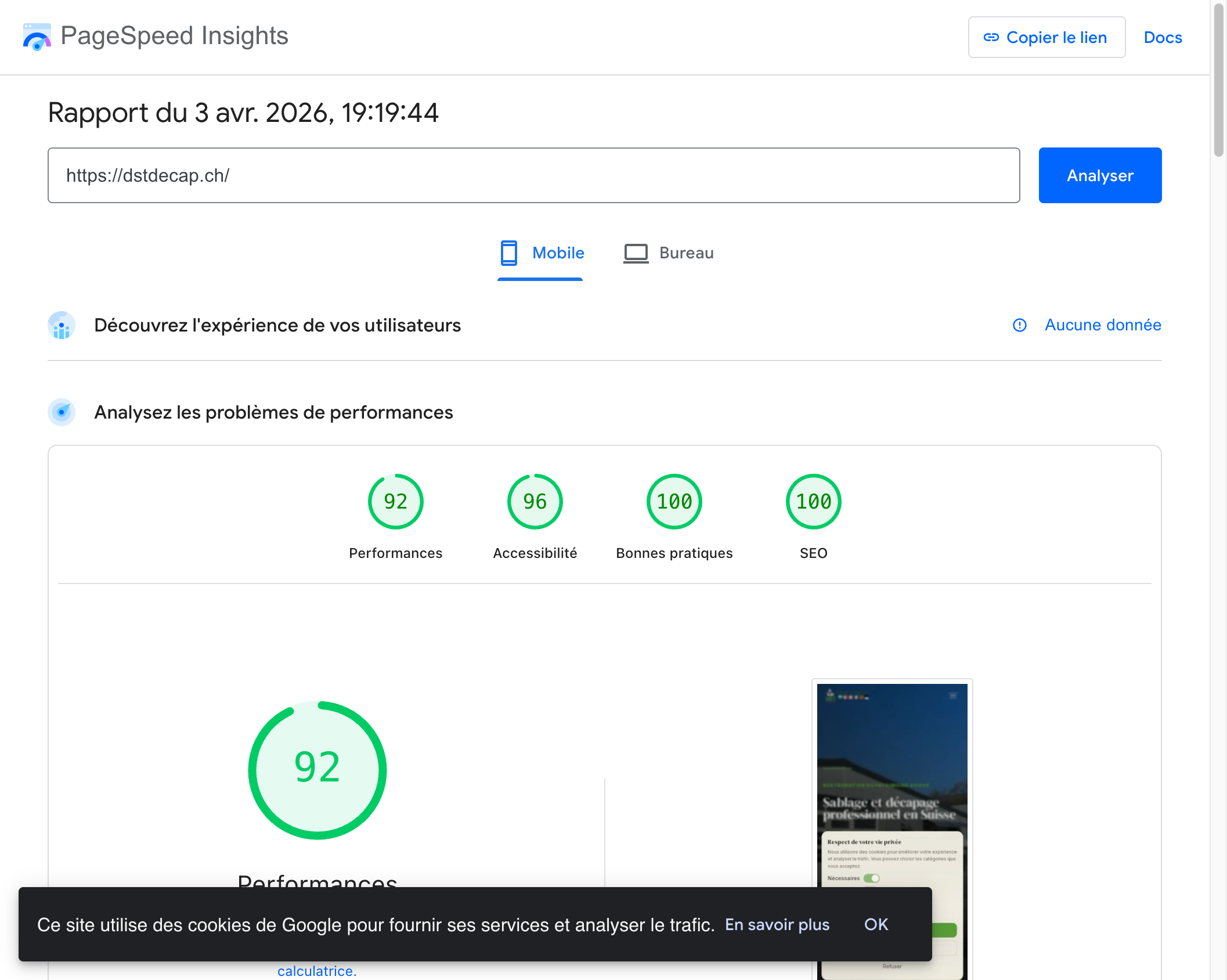 Score PageSpeed Mobile du nouveau site DST Décap - 92/100