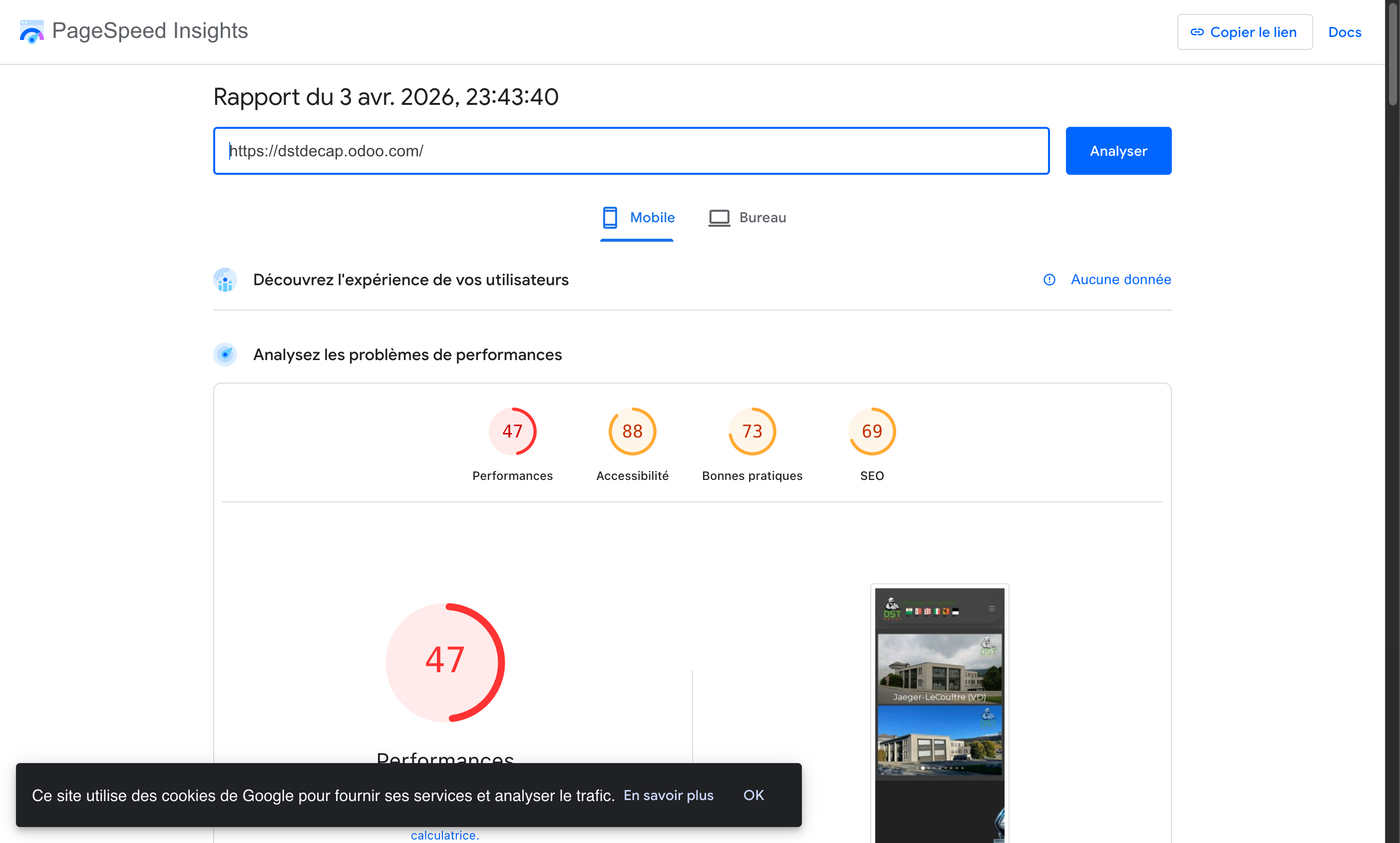Score PageSpeed Mobile du site Odoo DST Décap - 47/100