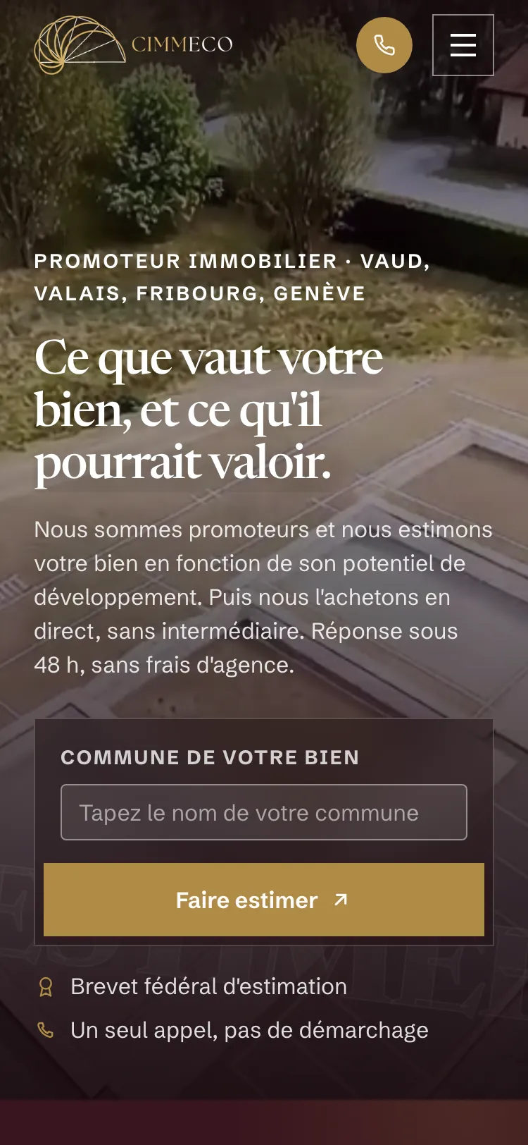 Capture mobile de l’accueil de cimmeco.ch, avec le champ commune et le bouton Faire estimer