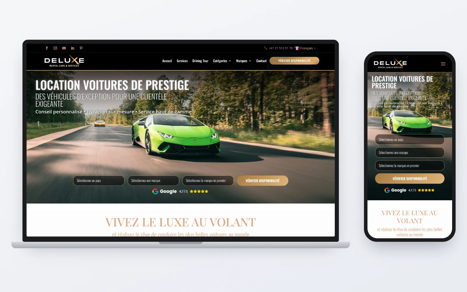 Le site Deluxe Rental Cars sur ordinateur et sur téléphone