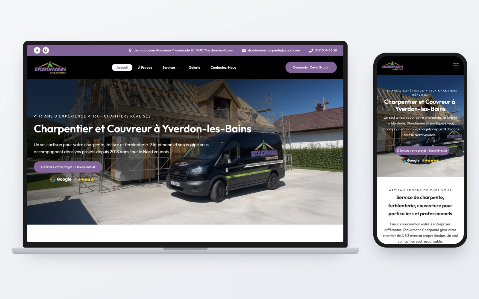 Le site Stoudmann Charpente sur ordinateur et sur téléphone